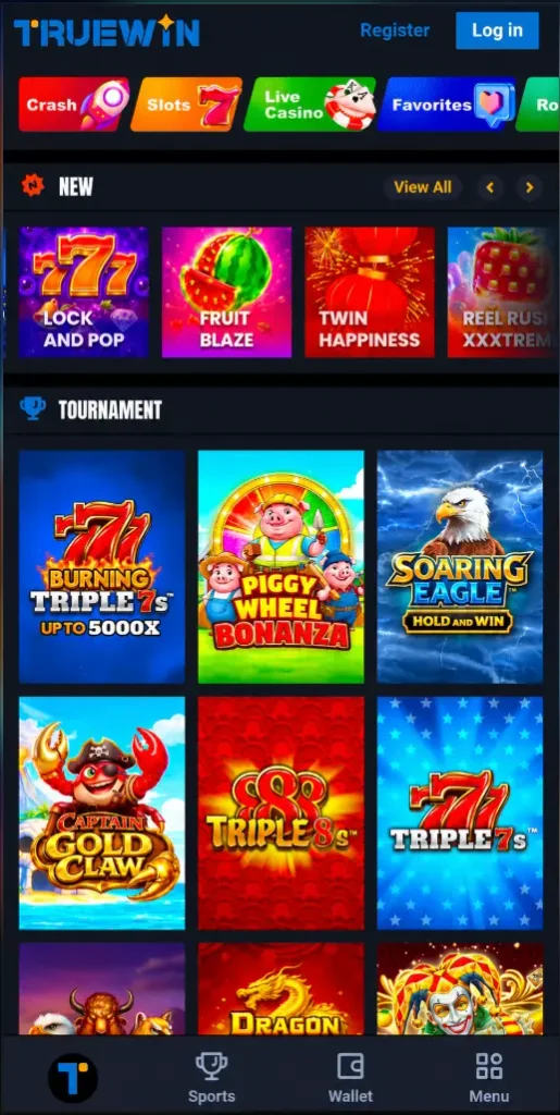 TRUEWIN Game app screenshot showing slots, casino games, tournaments, wallet, and navigation menu.