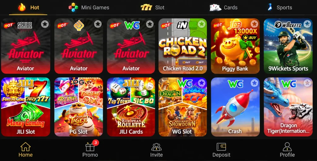 Online game lobby featuring Aviator, slot, card and sports games