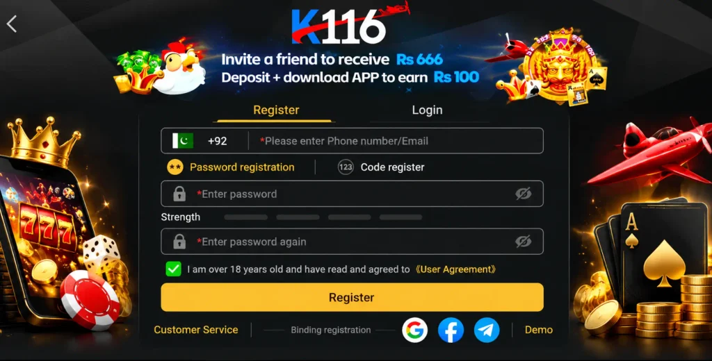 K116 Game registration and login screen on mobile