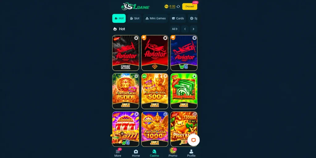 S1 Game casino screen showing Aviator, Fortune Gems, Fortune Garuda, and other mobile games